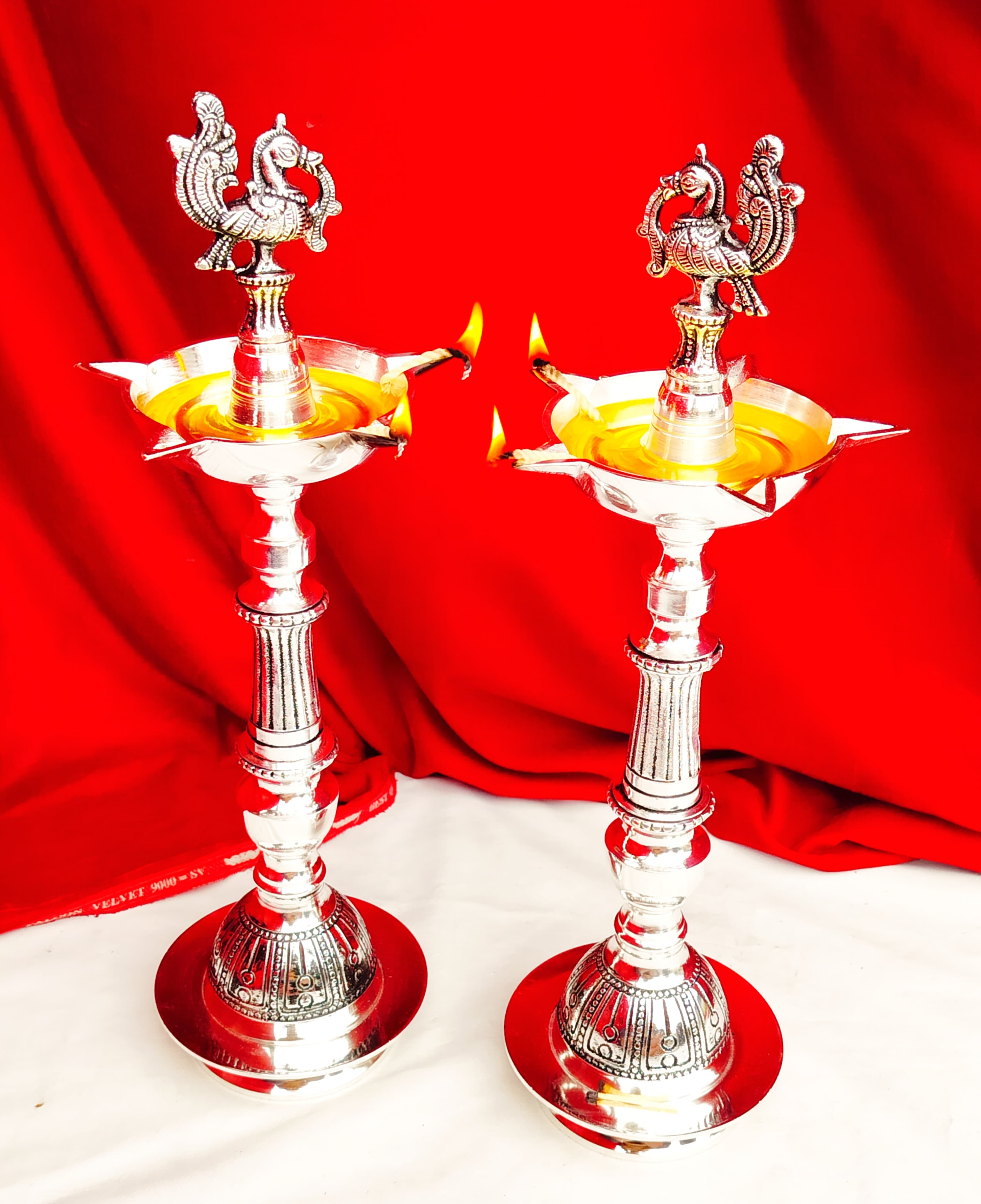 Antique Finish German Silver Peacock Diya Pair for Diwali/ Temple/ Housewarming Pooja